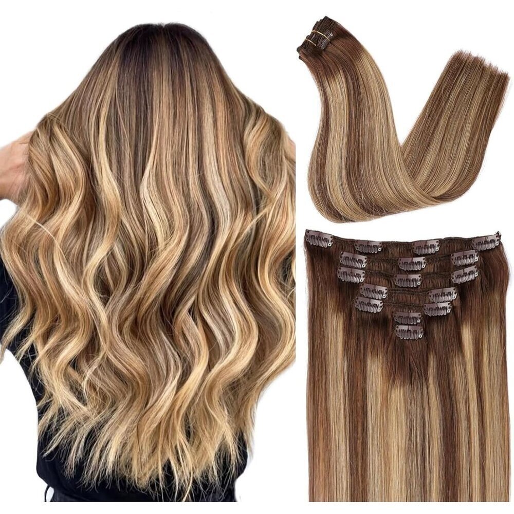 Clip in Hair Extensions Human Hair 14 Inch Brown Blonde Highlights Full Head